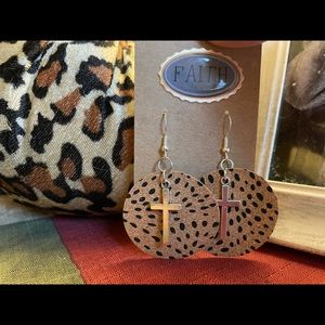 Cheetah Print Cork Accent With Cross Earrings